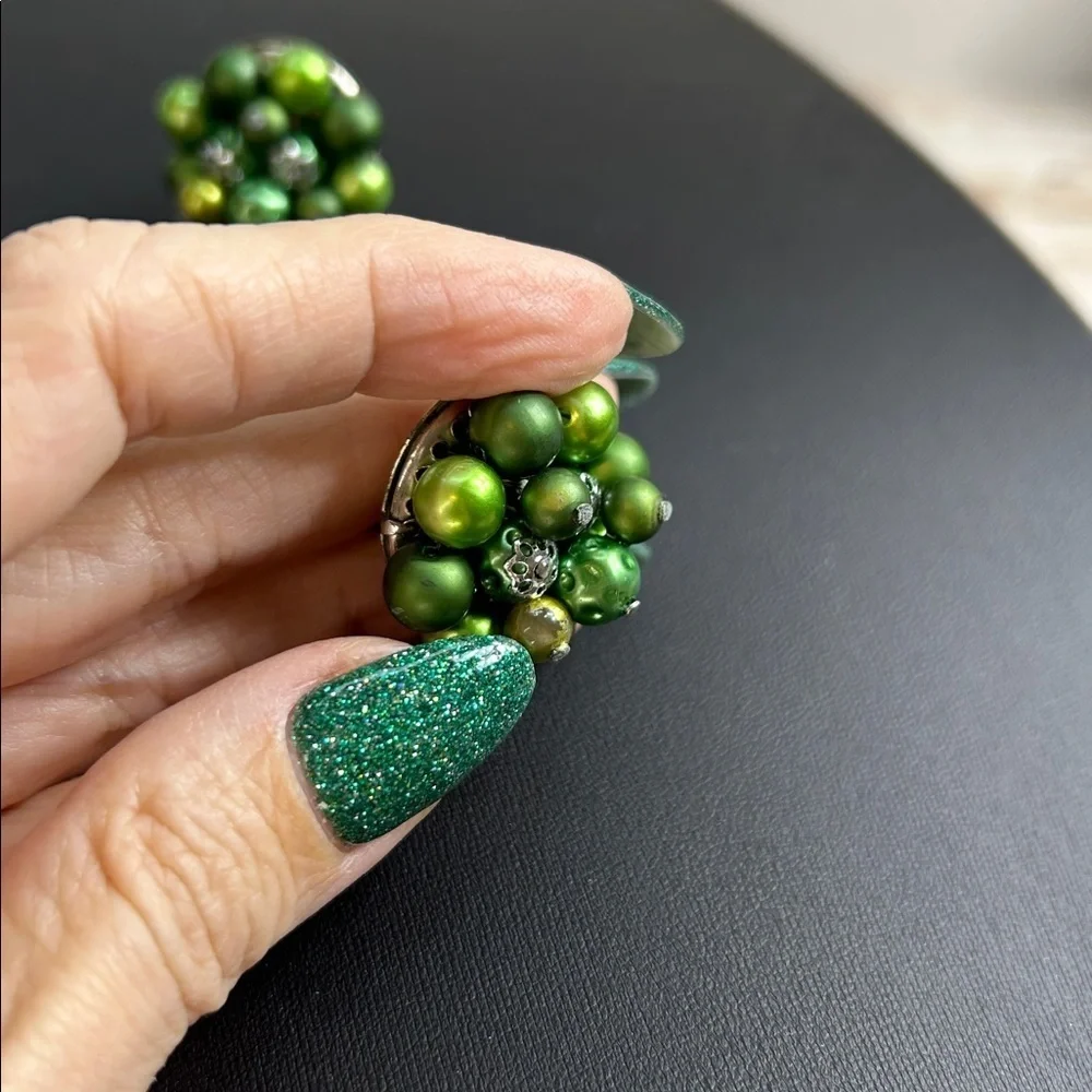 Vintage Japan Green Beaded Cluster Clip On Earrings